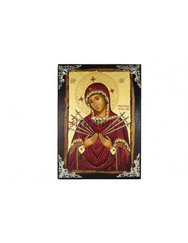 Пресвятая Богородица Семистрельная икона ручной работы шелкография со Святой Горы Афон