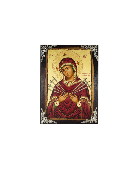 Пресвятая Богородица Семистрельная икона ручной работы шелкография со Святой Горы Афон
