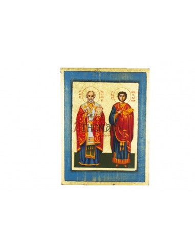 Святой Николай Чудотворец и Целитель Пантелеймон икона ручной работы шелкография со Святой Горы Афон