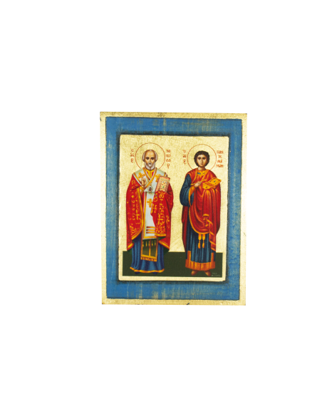 Святой Николай Чудотворец и Целитель Пантелеймон икона ручной работы шелкография со Святой Горы Афон