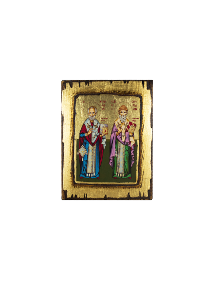 Святые Николай Чудотворец и Спиридон Тримифунтский икона ручной работы шелкография со Святой Горы Афон