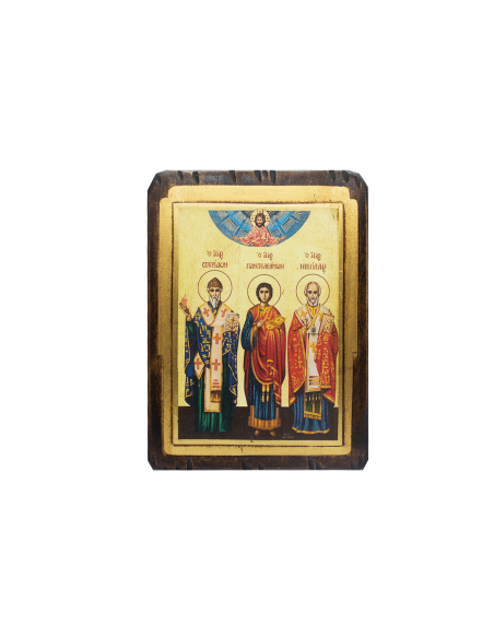 Святой Николай Чудотворец,Святой Пантелеймон Целитель и Святой Спиридон Тримифунтский икона со Святой Горы Афон