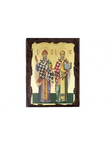 Святые Николай Чудотворец и Спиридон Тримифунтский икона ручной работы шелкографии со Святой Горы Афон
